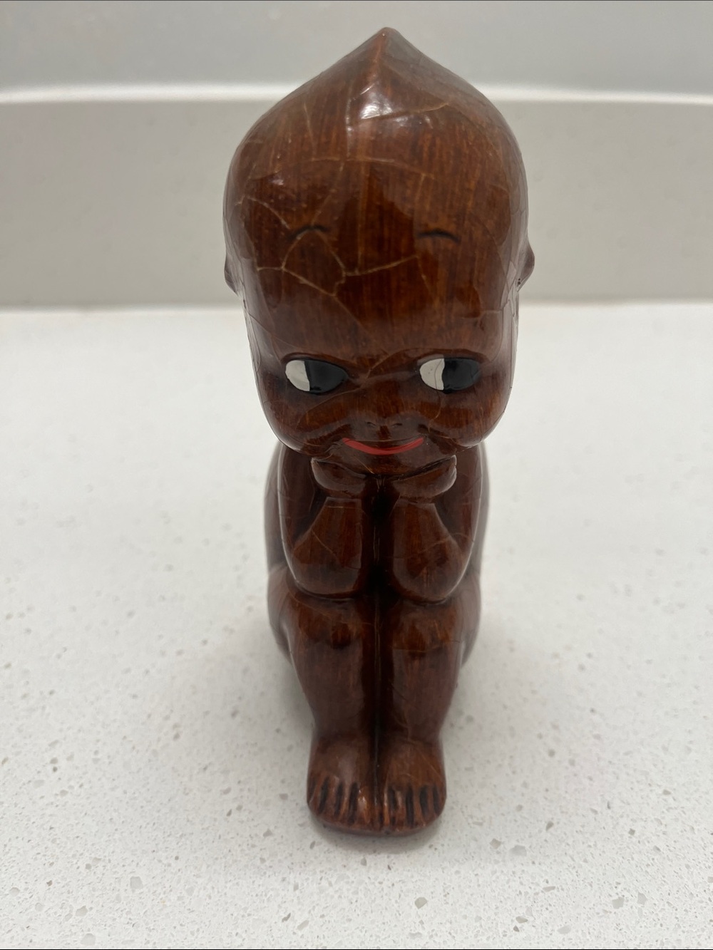 Rare Hand Carved Wood Kewpie-Style Figurine in Warm Brown thinker